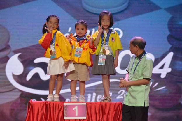 A group of young girls on a podium
Description automatically generated
